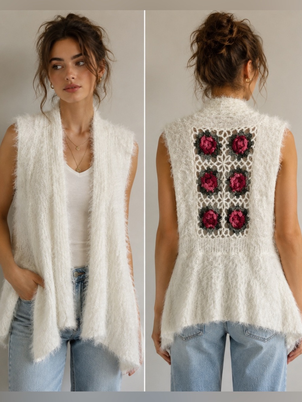 Vintage Concept White Fuzzy Knit Open Front Waterfall Vest Granny Square Floral